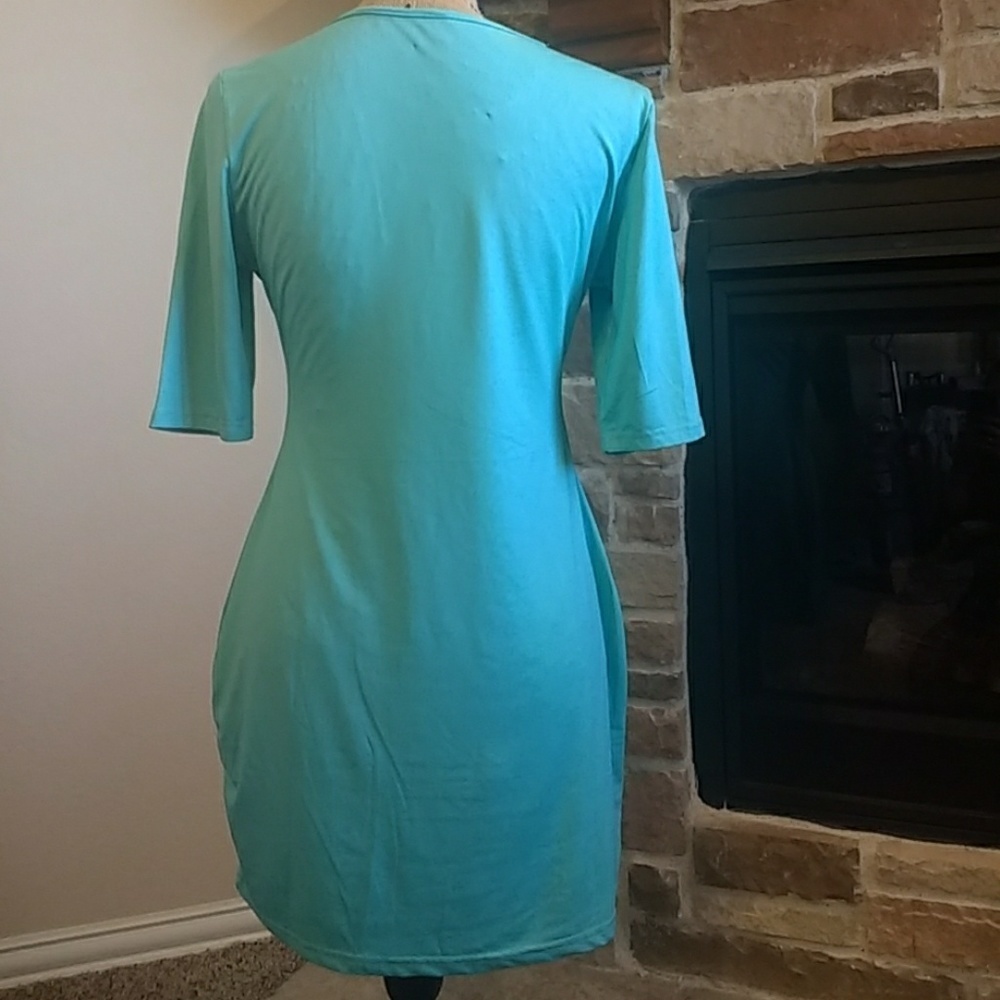 #917 Body con turquoise super soft mini 3/4 sleeve  sz med - Picture 3 of 7
